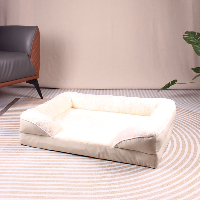 Beige Waterproof Therapeutic Pet Sofa Bed and Fleece Lounge (M Size 74 x 53 x 17 CM) - Low Entry, High Bolster Support & Zipper Removable Cover