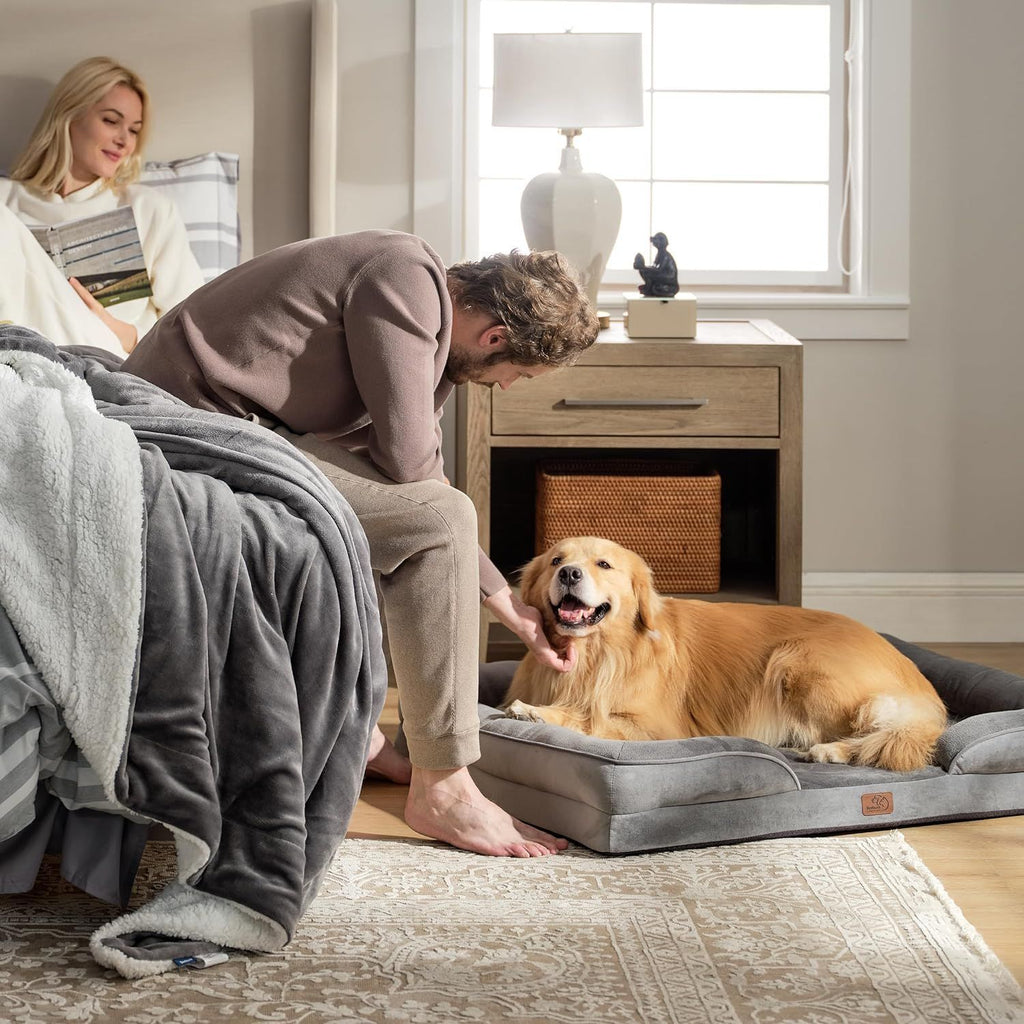 Beige Waterproof Therapeutic Pet Sofa Bed and Fleece Lounge (M Size 74 x 53 x 17 CM) - Low Entry, High Bolster Support & Zipper Removable Cover