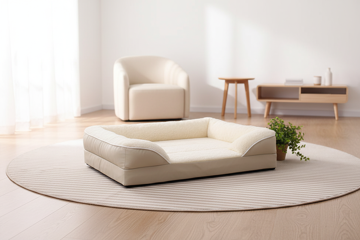 Enhanced cream dog bed lifestyle image